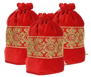 Kuber Industries Embroidered Design Drawstring Potli Bag Party Wedding Favor Gift Jewelry Bags-Pack of 3 (Red)