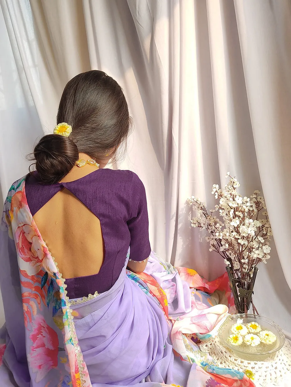 Lavender Color Floral Printed Georgette Saree with Sequins and Lace