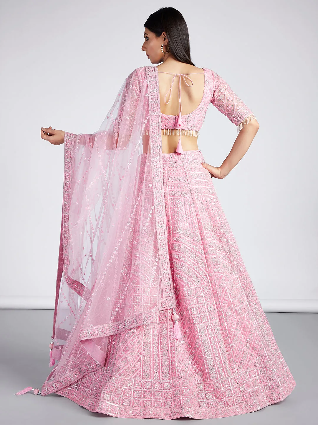 Pink Net Sequins, Zarkan and thread embroidery Semi-Stitched Lehenga choli & Dupatta
