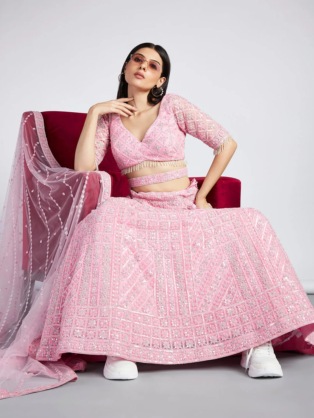 Pink Net Sequins, Zarkan and thread embroidery Semi-Stitched Lehenga choli & Dupatta