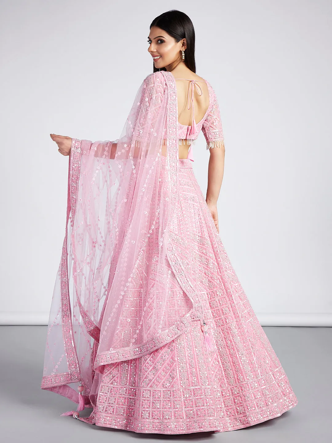 Pink Net Sequins, Zarkan and thread embroidery Semi-Stitched Lehenga choli & Dupatta