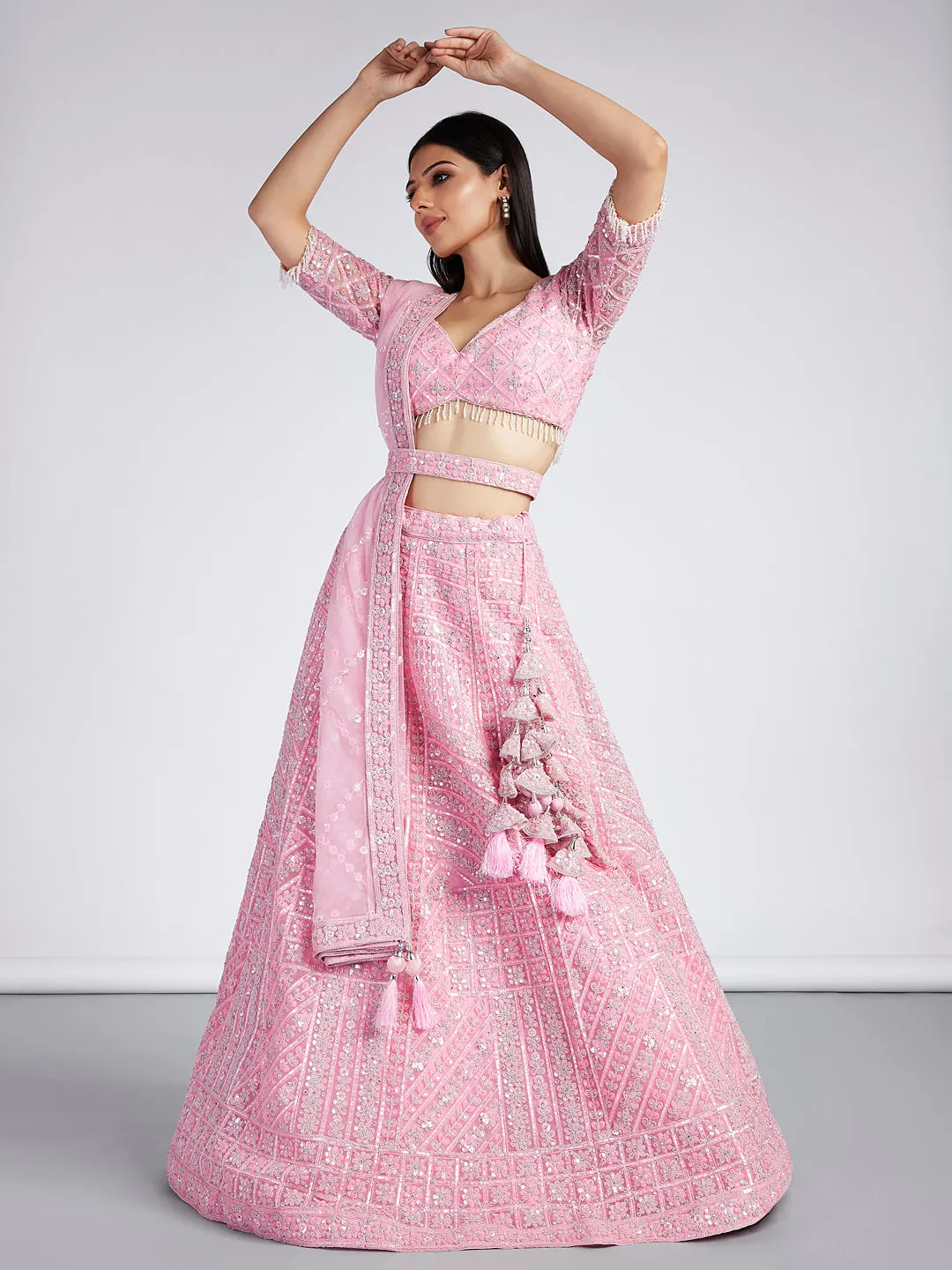 Pink Net Sequins, Zarkan and thread embroidery Semi-Stitched Lehenga choli & Dupatta