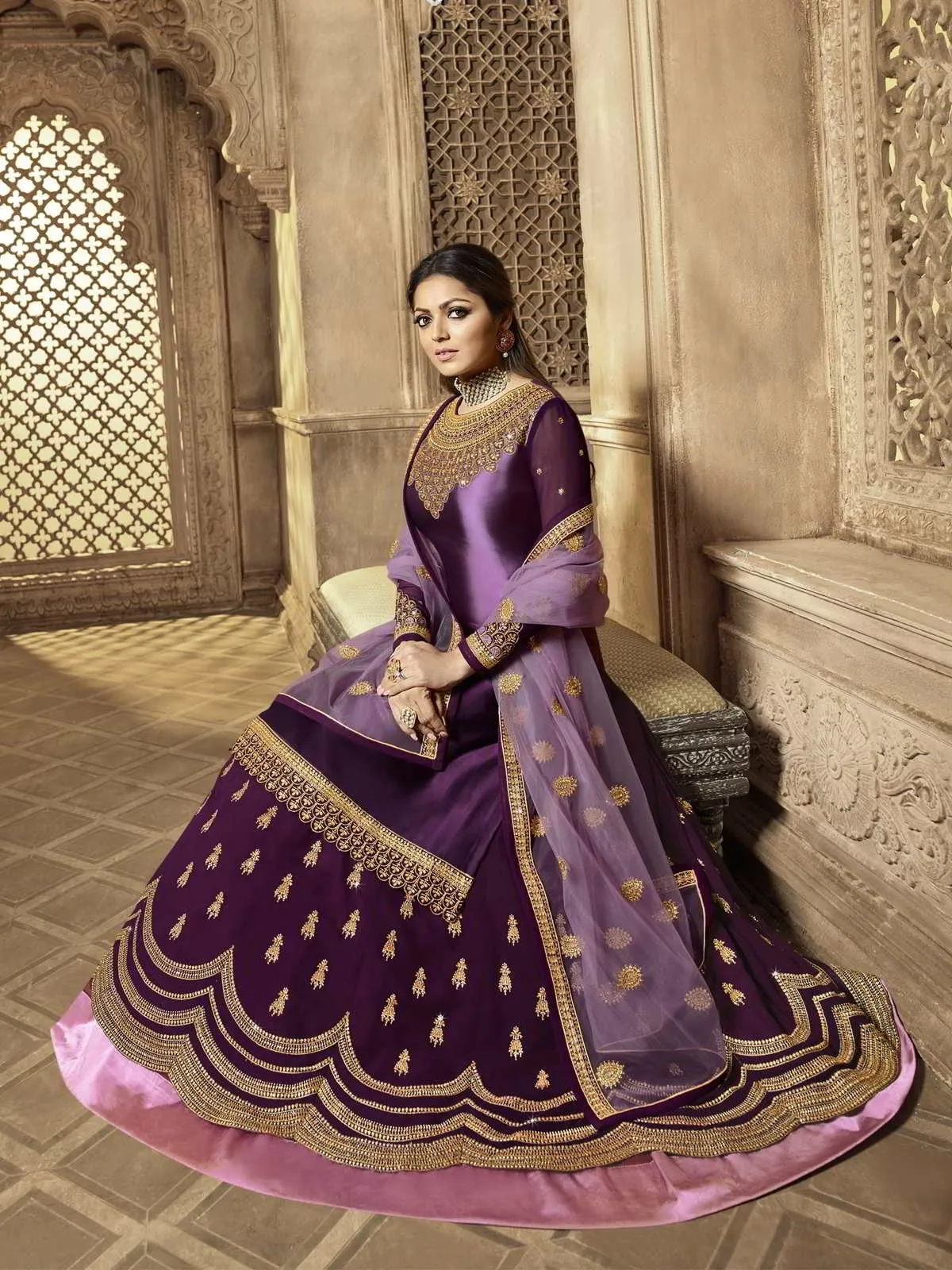 Purple Golden Embroidered Party Wear Lehenga Suit