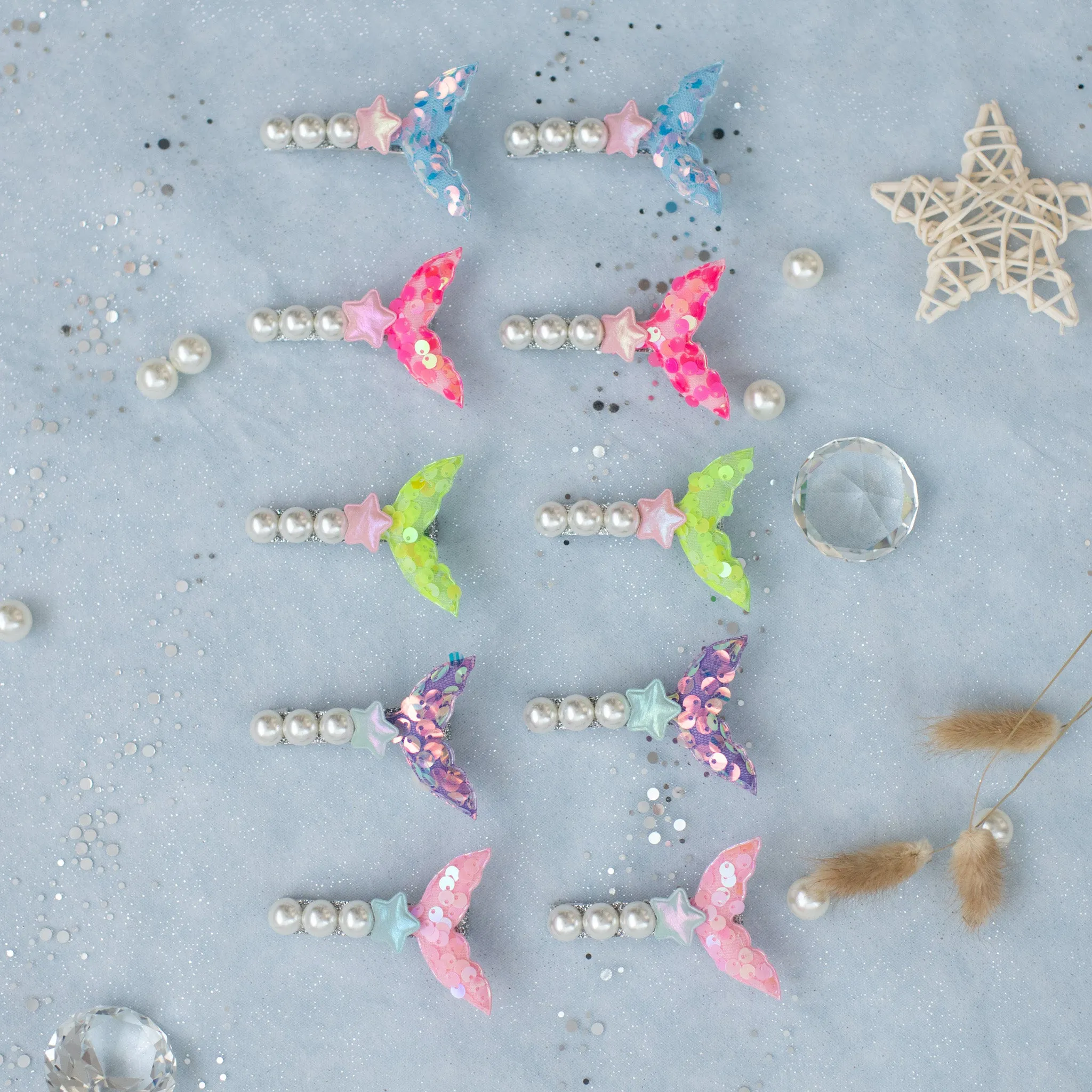 Summer Crystal 2Pcs Pearl Sequins Mermaid Tail Hair Clips For Girls