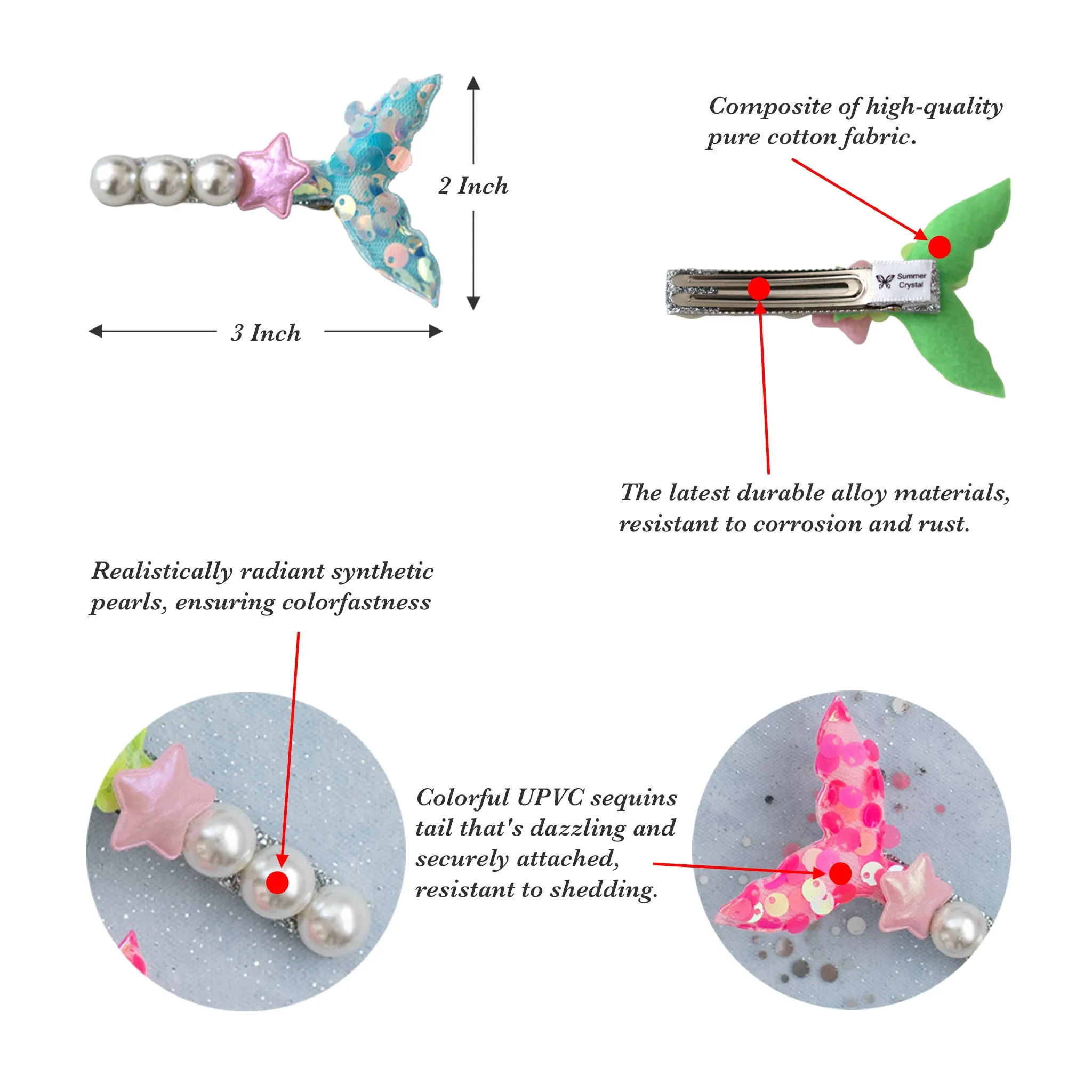 Summer Crystal 2Pcs Pearl Sequins Mermaid Tail Hair Clips For Girls
