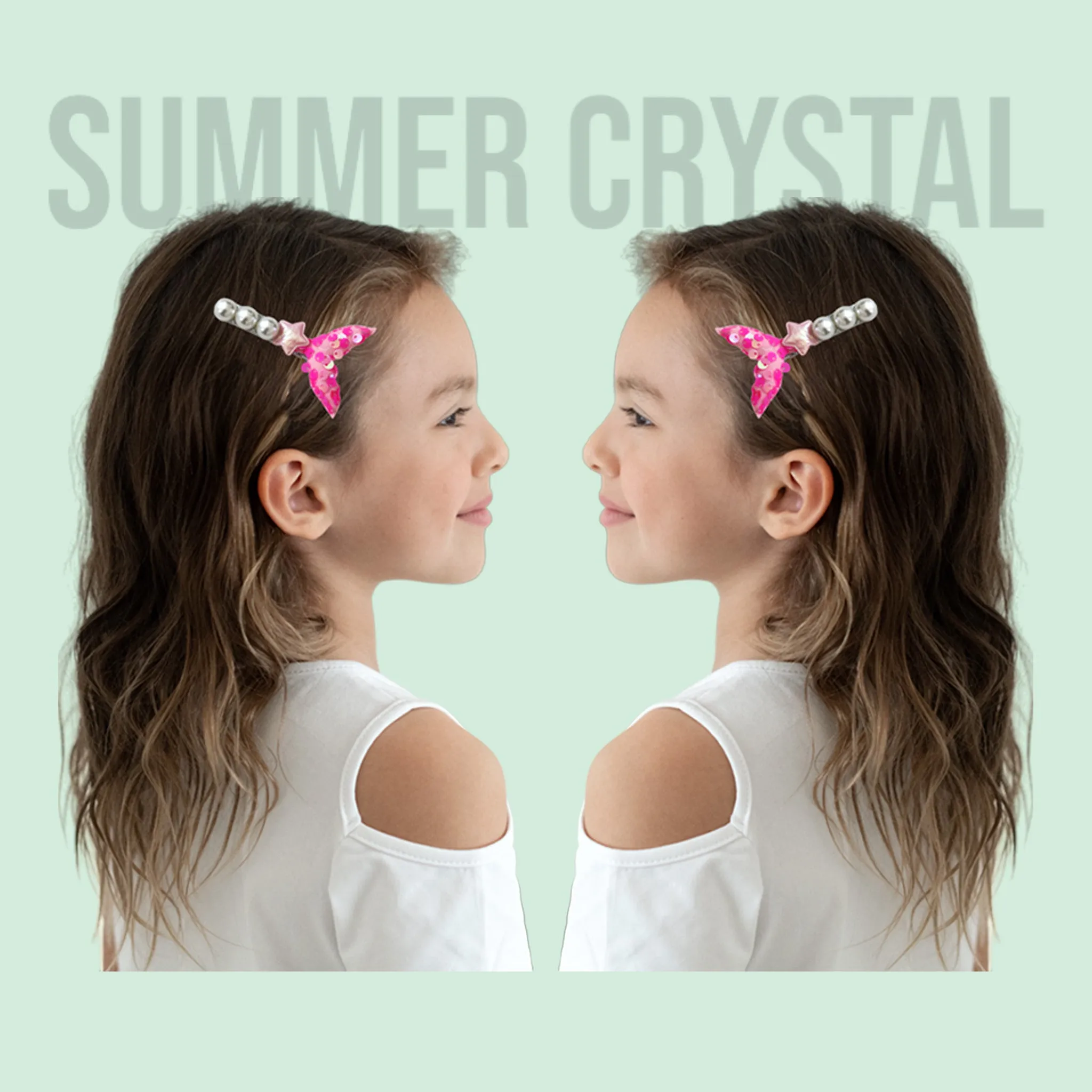 Summer Crystal 2Pcs Pearl Sequins Mermaid Tail Hair Clips For Girls