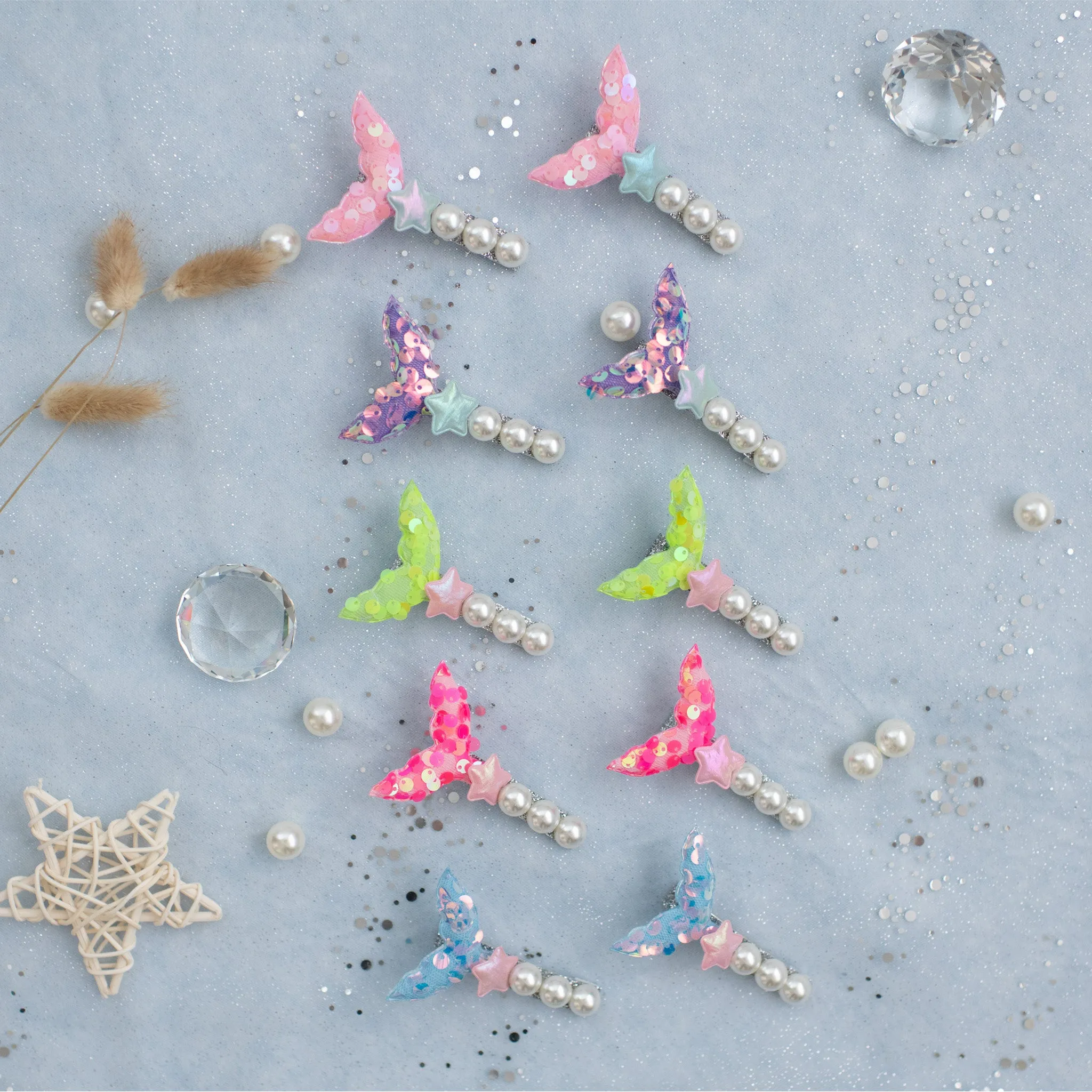 Summer Crystal 2Pcs Pearl Sequins Mermaid Tail Hair Clips For Girls