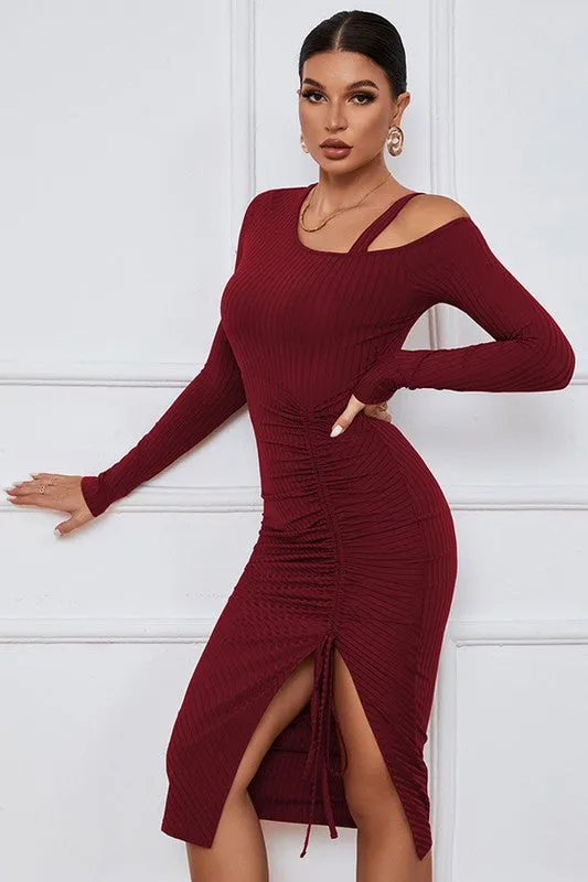 TEEK - BURGUNDY ONE-SHOULDER DRAWSTRING SLIT DRESS