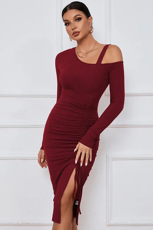 TEEK - BURGUNDY ONE-SHOULDER DRAWSTRING SLIT DRESS