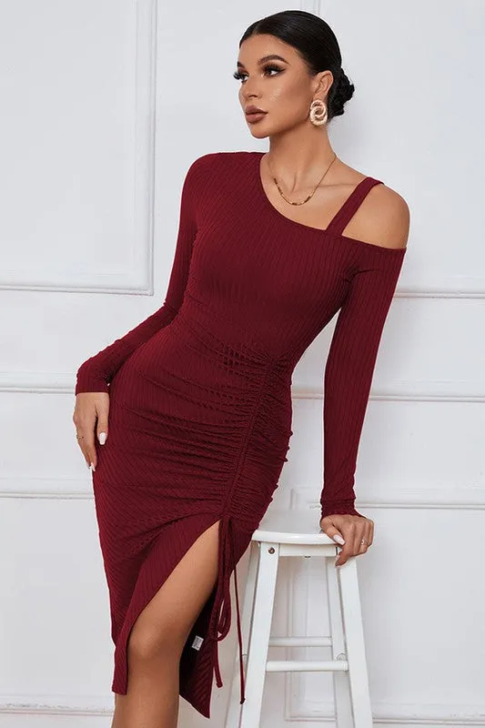 TEEK - BURGUNDY ONE-SHOULDER DRAWSTRING SLIT DRESS