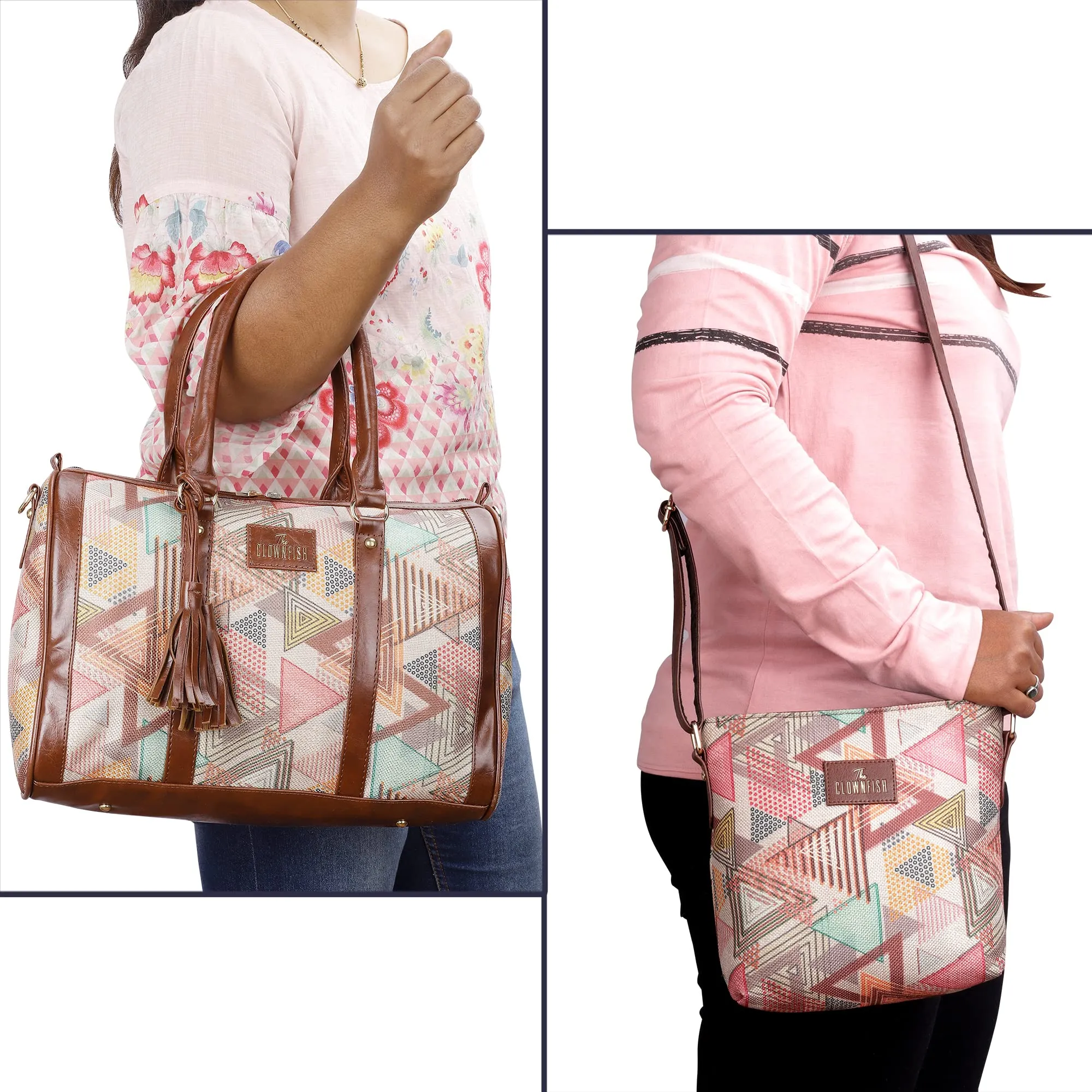 THE CLOWNFISH Combo Of Lorna Printed Handicraft Fabric & Faux Leather Handbag Sling Bag for Women & Aahna Printed Handicraft Fabric Crossbody Sling bag for Women (Multicolour-Triangle Design)