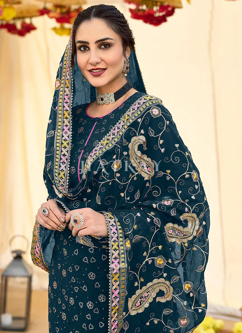 Turquoise Multi Embroidery Traditional Pant Suit