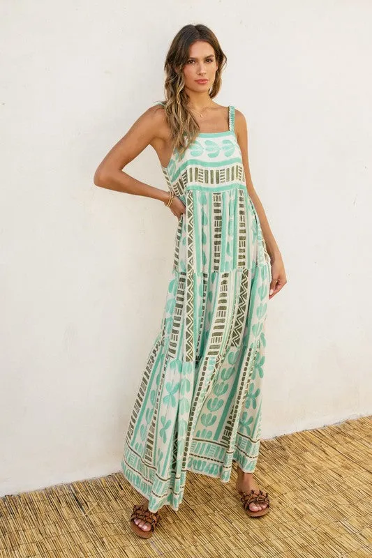 Waitlist 2/5 ♥ Bethany Sleeveless Abstract Print Maxi Dress Green