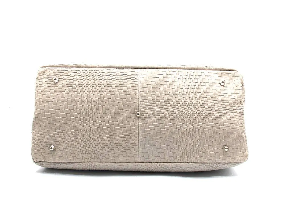 Woven Braided Pattern Beige Leather Large Handbag Handmade In Italy
