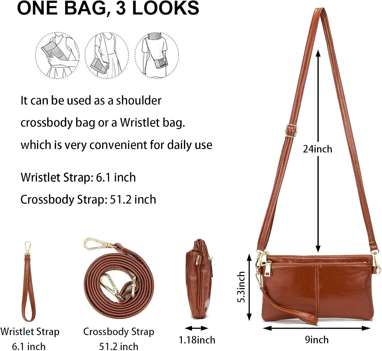ZOOEASS Triple Zip Small Crossbody Bag Lightweight Purses Vegan Leather Wristlet Clutch, Includes Adjustable Shoulder